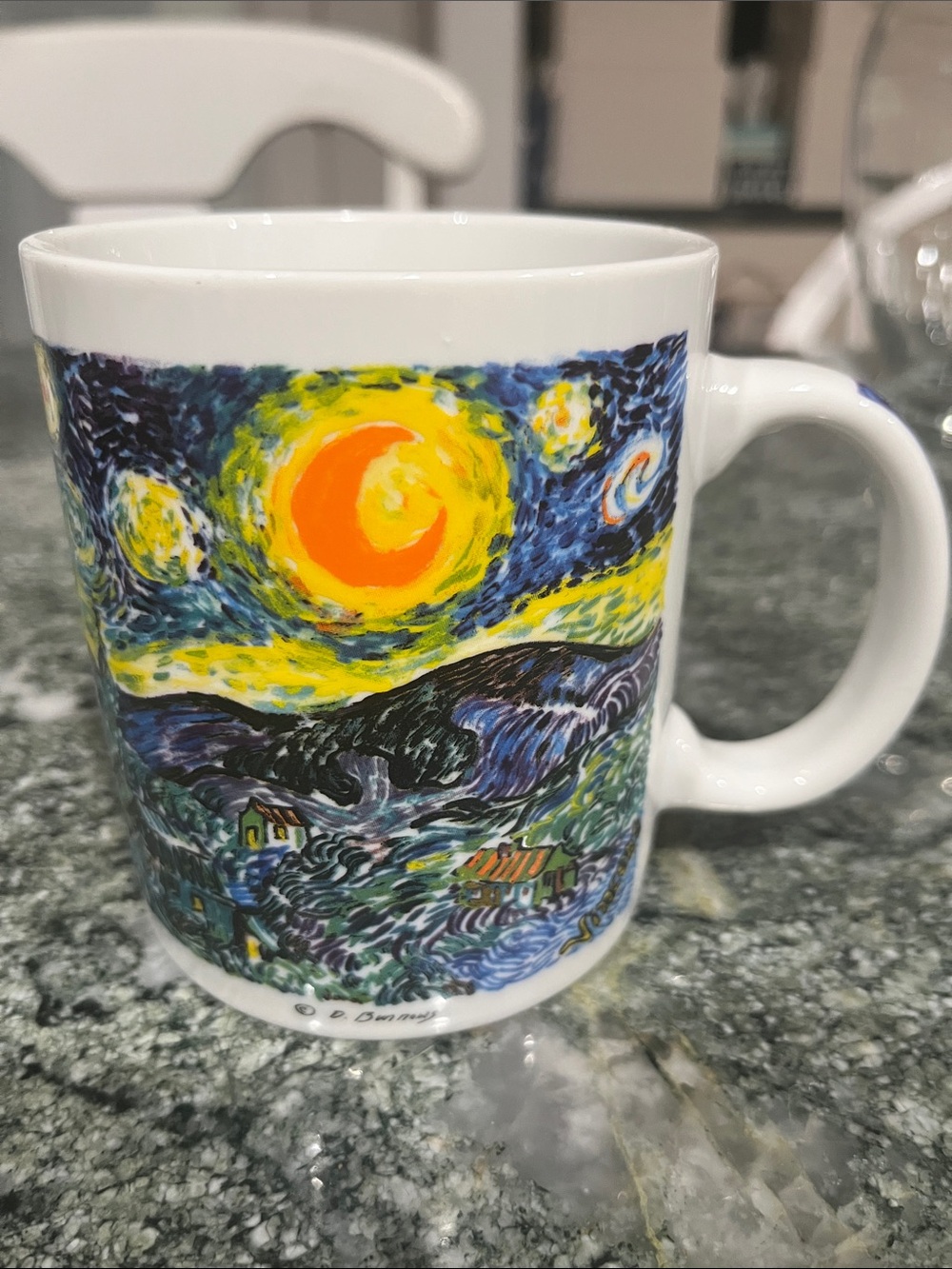 Burrows Masters White Ceramic Mug with Yellow, Blue, Orange Starry Landscape